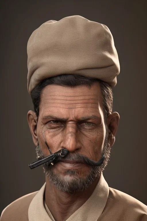 a portrait of the rough dude from Rajasthan, cyborg, incredibly sharp & detailed, cinematic, vintage, cigarette in hand