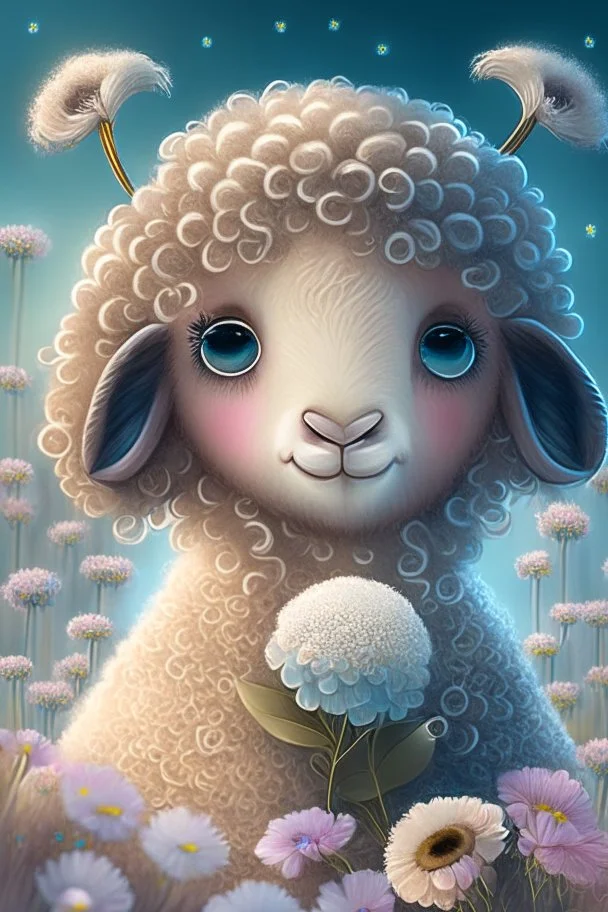 Happy and cute Scottish Highland sheep with dreamy sparkling eyes, gender girl, 4K resolution quality, sitting and holding a flower, nursery art, very beautiful and highly polished, with full details, smooth edges, soft hair and cotton O, flawless facial features, stunning, whimsical fantasy, beautiful, detailed, well-rendered, cartoon, illustration