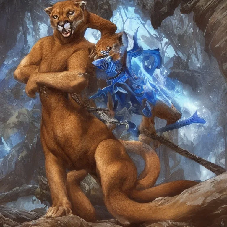 A Fantasy painting of an angry cougar in full blue and white armor, Inka jungle background, Blue fire coming out, highly detailed, digital painting, Artstation, concept art, matte, sharp focus, illustration, dramatic, art by artgerm and greg rutkowski and alphonse mucha