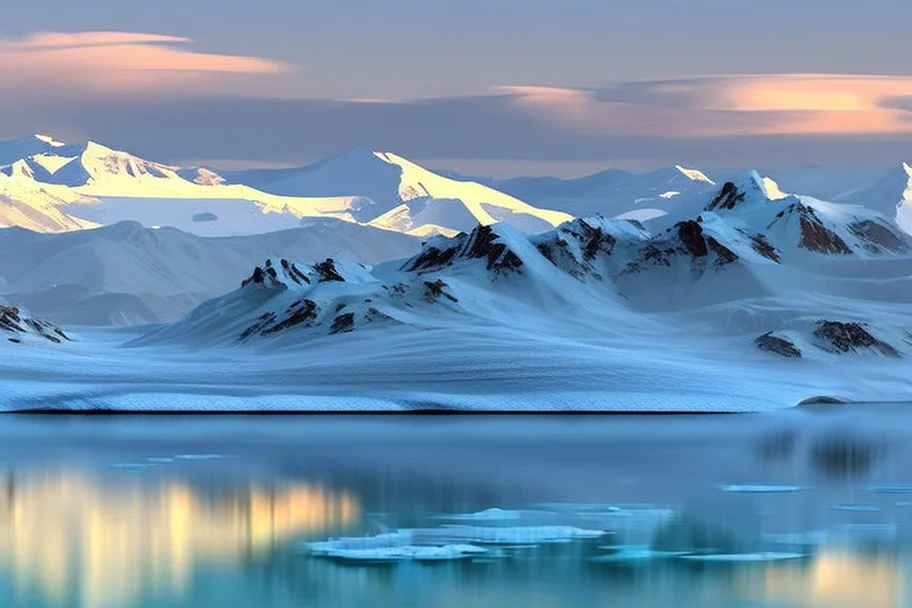 City, mountains, frozen lake