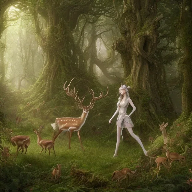 A young elf maiden next to a deer on a nature forest path, 8k resolution, high-quality, fine-detail, iridescent, intricate, digital art, detailed matte, volumetric lighting, beautiful, illustration, 3D octane render, margaret weiss, brian froud, howard lyon, selina french, anna dittmann, annie stokes, lisa parker, greg rutowski,