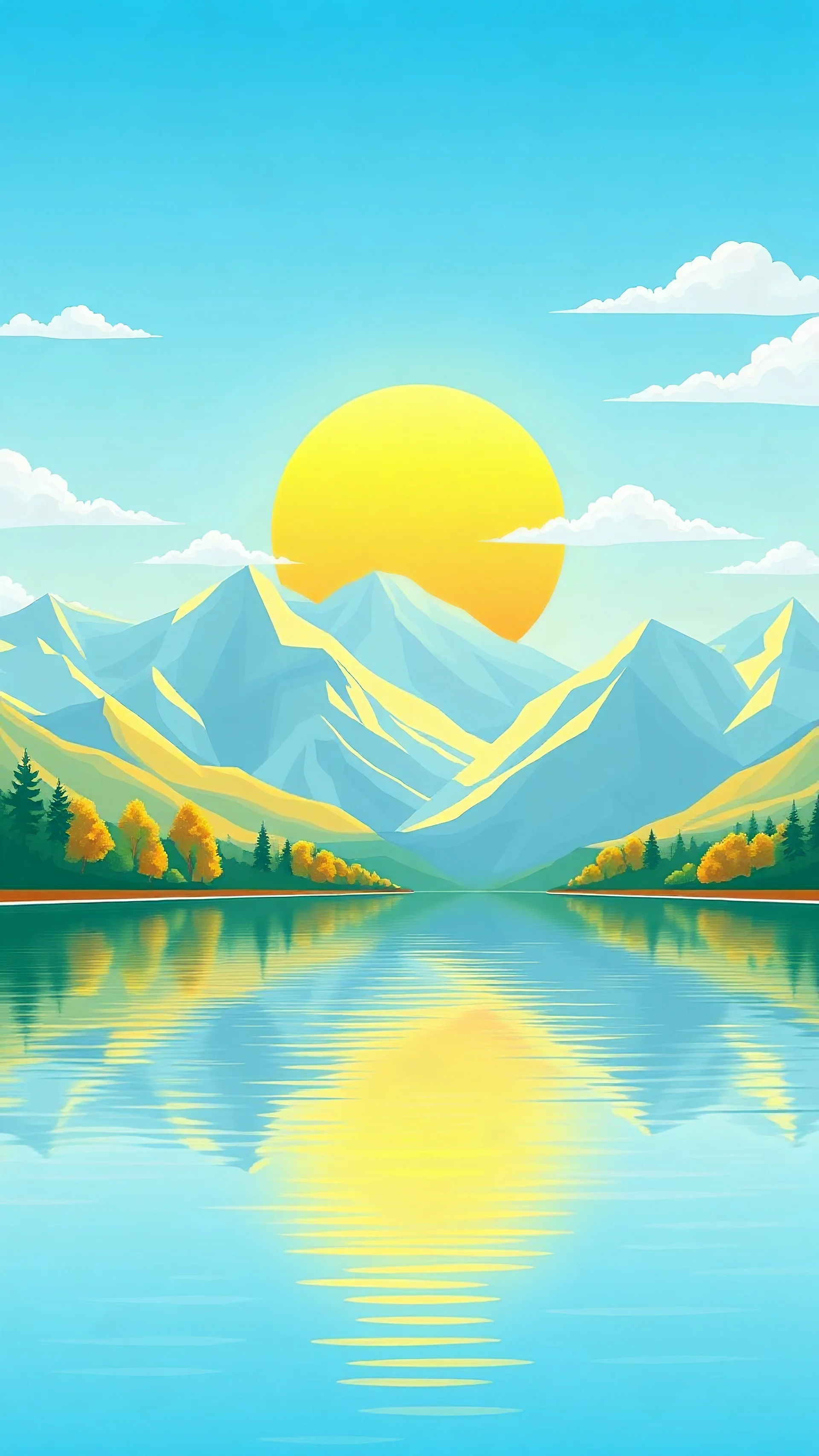 flat style - morning colorful landscape.. a calm lake with light soft blue water. The white sky background features vibrant colors , many white,yellow mountains with pastel blue hues, and a large, radiant yellow big sunrise in the sky. The overall style is vibrant, cartoonish, and detailed, with bright, bold colors and well-defined shapes. The lighting vibrant and style is vector .