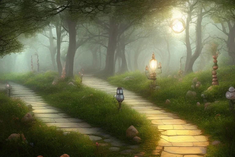  stone path lanterns forest