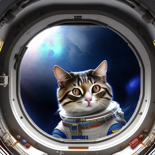 hyper-realistic flying astronaut in space surprised to see a cat inside spaceship window, 8k resolution, high-quality, fine-detail, detailed matte, intricate, 3D octane render, illustration, digital art, brian froud, howard lyon, anna dittman, greg rutowski,