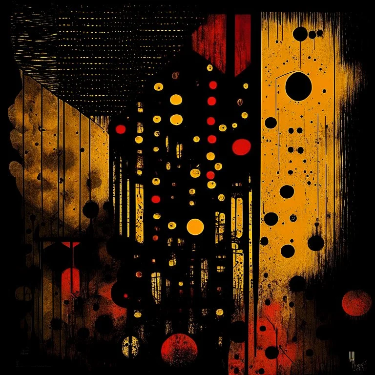 Liminal Abominations, by Ray Johnson and petros Afshar, warm colors, stylish and unsettling abstract art, vestiges of horror, diagonal composition, album art, Morse code dot and dash vertical textures, dark shines war, complex contrast,