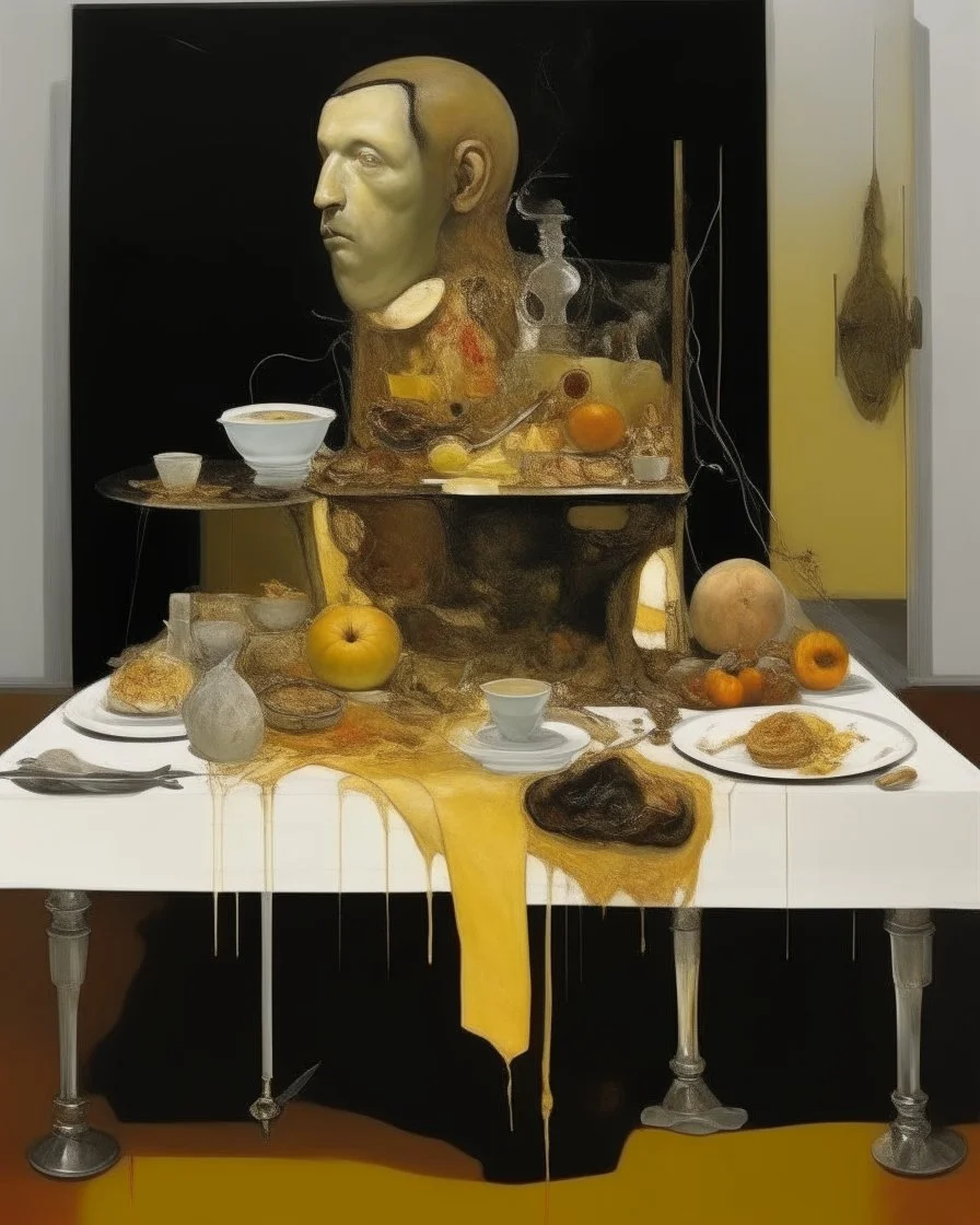 human body, universe-like table,complex surgical instruments mixed with human body-like musical instruments,minimalism,Painting By Adrian Ghenie, Rene Magritte, Salvador Dali, Lucian Freud