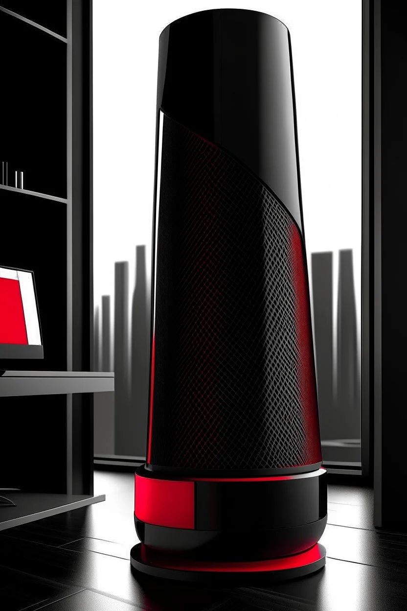 portable speaker, form inspired by avengers tower, architecture form, modern design style and black and red color