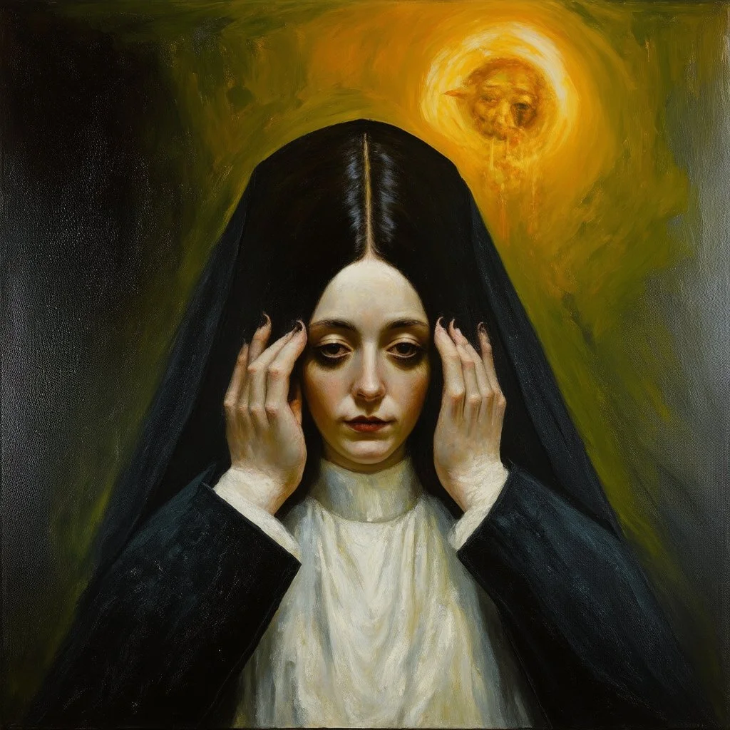 Asymmetric and offset, full color matte oil painting, unsettling dream of the seance of the conspiracy seed, haunted by the ghost of inadequacy, by Dave McKean and Victor Pasmore and Stephen Gammell, occult transience treachery hands in the head mourning god, by Arnold Bocklin, violent colors, liminal oncology