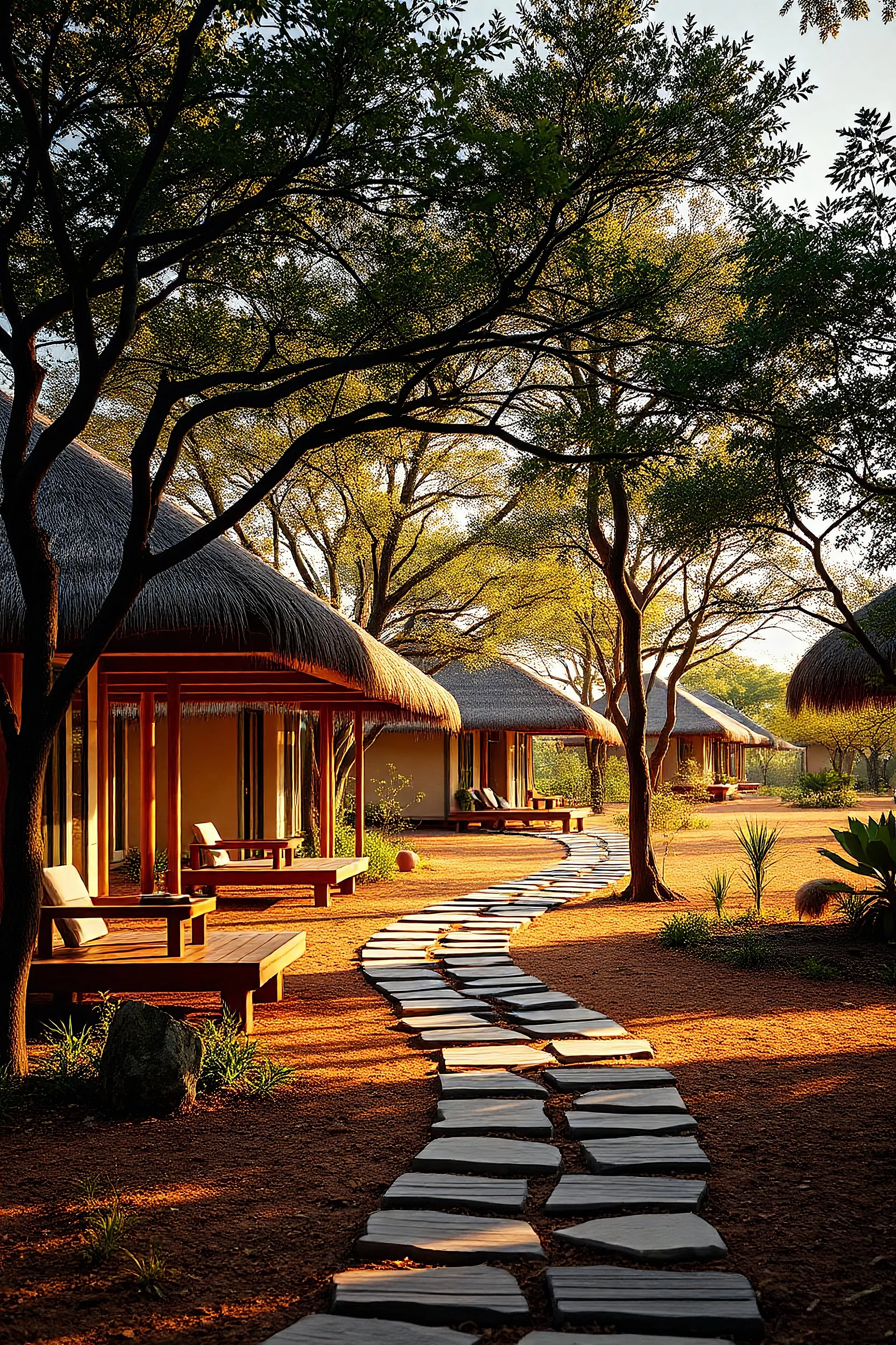 Create a village of 20 thatch-roofed A-frame modern cottages sitting on 4 acres that would serve as a resort in Kenya. Lay the paths organically with no pattern.