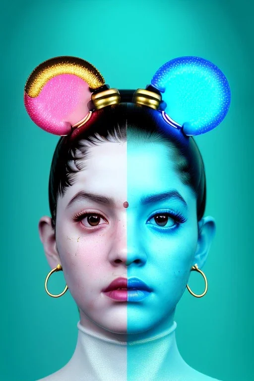 Rosalía artist, Ultra Realistic image, waist up portrait, black eye line, sweet angry face, geisha hair style, spray line make up, geometric, gold, big rings piercing, led ornament, bubble latex coat, inflatable, cold, led lights, geometric, neon, pink, blue, gold, vibrant color, highly detailed, art stations, concept art, smooth, unreal engine 5, god rays, ray tracing, RTX, lumen lighting, ultra detail, volumetric lighting, 3d, finely drawn, high definition, high resolution.