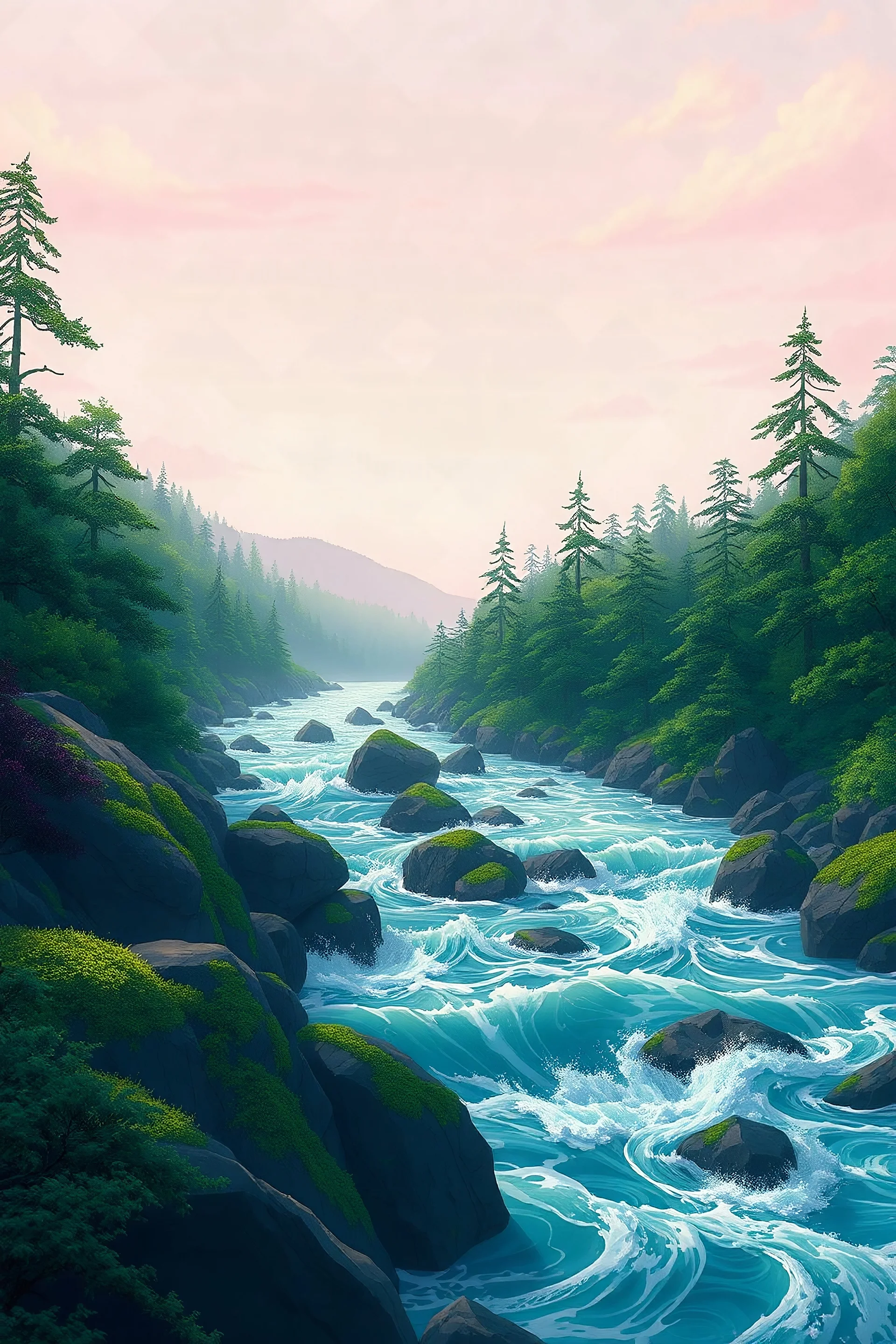 A mesmerizing Ghibli-style river flowing with strong, powerful waves. The river winds through a lush, vibrant forest with towering trees and dense, emerald-green foliage. The waves are animated and almost alive, crashing against large, moss-covered rocks that line the riverbank. The sky above is a soft, pastel gradient, transitioning from light pinks and oranges to a calming blue. The scene exudes a sense of magic and wonder, as if the river holds ancient secrets within its depths.