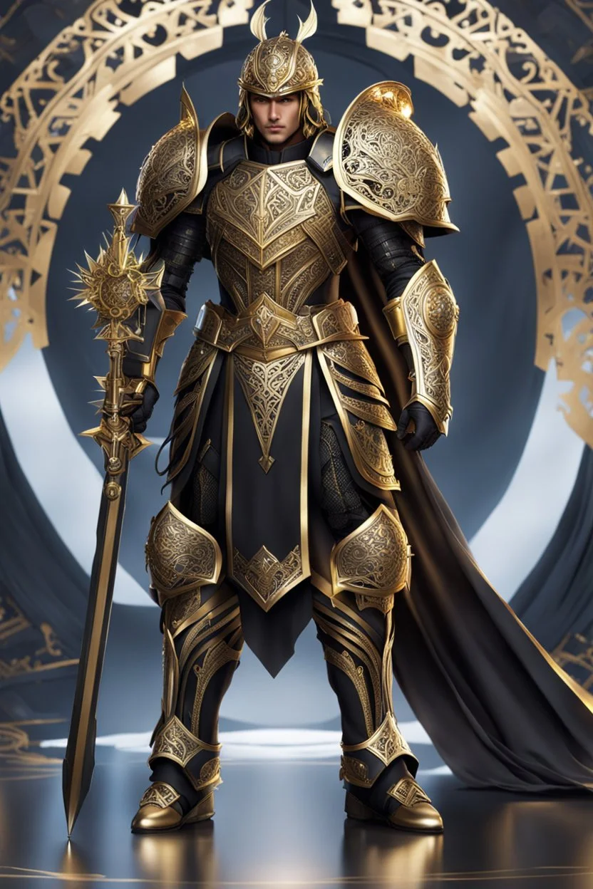 Facing full body Realistic photography,front_view, (1King man , looking at viewer), black long hair,traditional dress ornaments mechanical_armor, intricate armor, delicate golden filigree, intricate filigree, black metalic parts, detailed part, dynamic pose, abstrac background, dynamic lighting