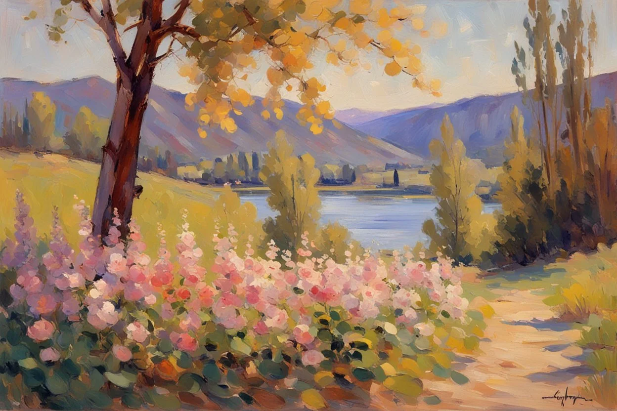 Sunny day, mountains, river, distant house, flowers, trees, konstantin korovin and jenny montigny impressionism paintings