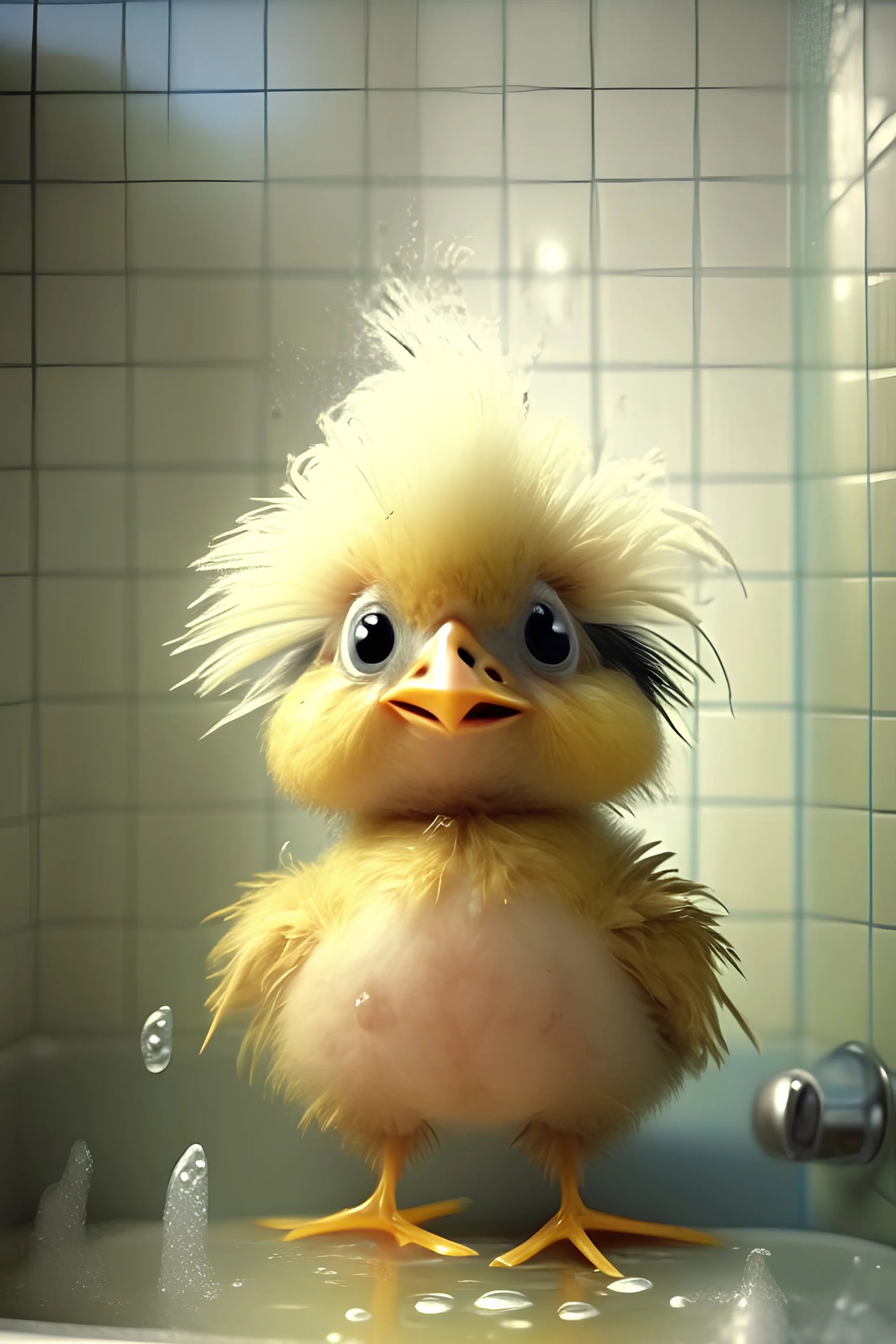 The little chicken is cute and cute and very small and he 's in the bathroom , he 's taking a shower , he 's got shampoo on his head , and he 's got a funny look on his face .