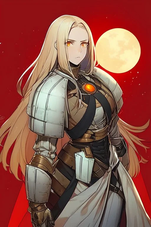 Wagnard Record of Lodoss War, oldschool, insane, ghost in the shell art style, in the art style of Record of Lodoss War, Dark Paladin, standing in front of a sea of red, large moon in the background, Female, light armor, dark ginger long hair, orange eyes