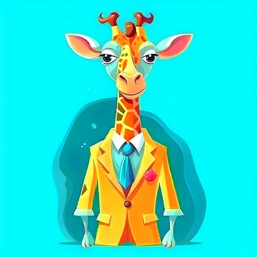 Cute smiling giraffe. Bright, cheerful colors. She wears a suit