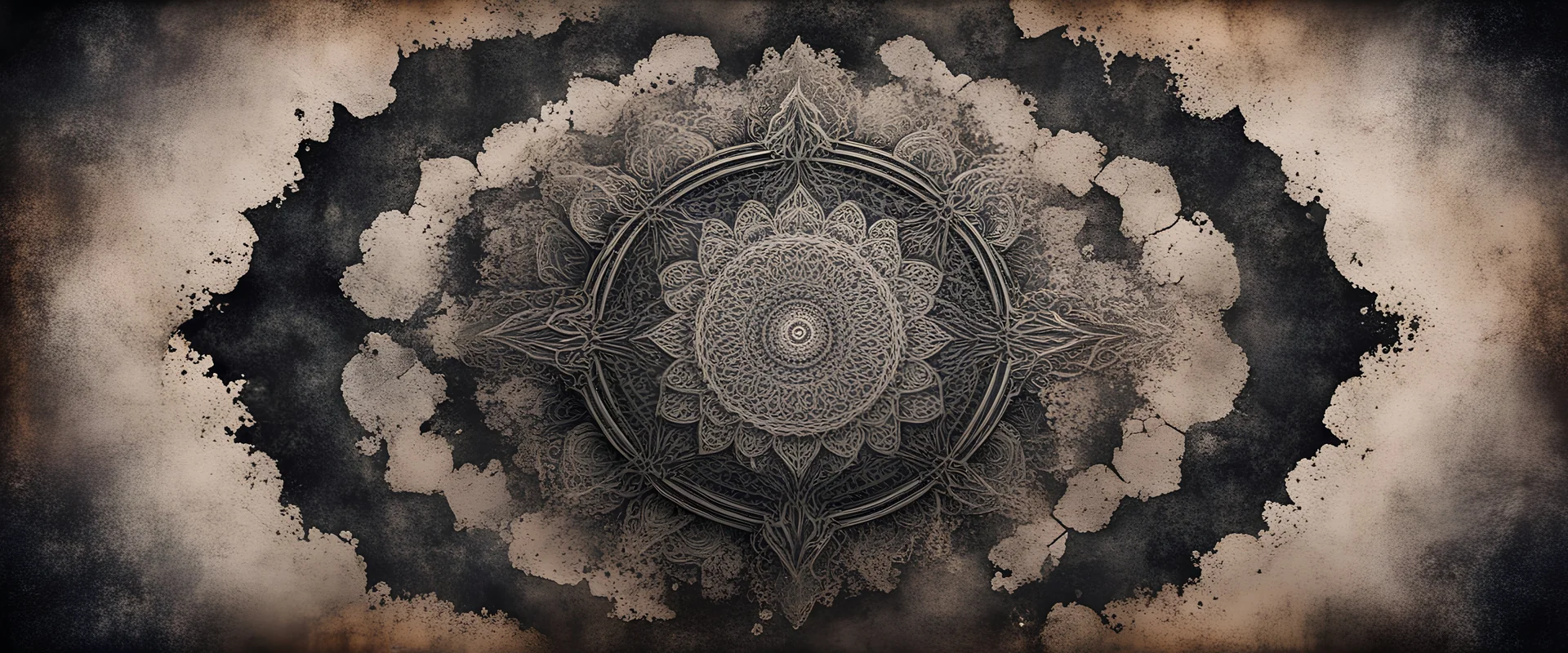 Hyper Realistic Grunge Rustic Grungy Mandala with realistic small wall cracks & dark vignette effect