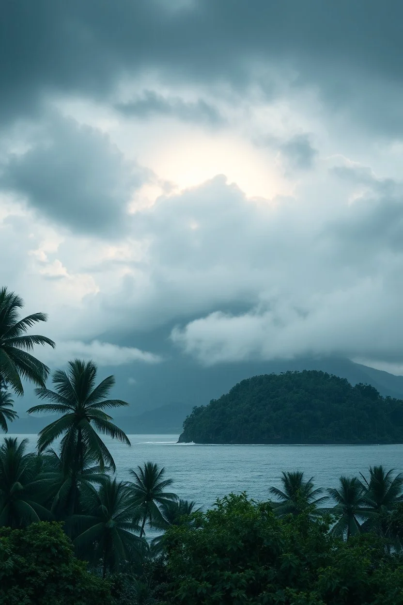Creat a cost of an island filled with palms tree with a mountain in the background and a thunderstorms and rain and foggy clouds and high waves, cinematic, 8k, high quality photo , thine line draw texture and dim sun light behind the clouds