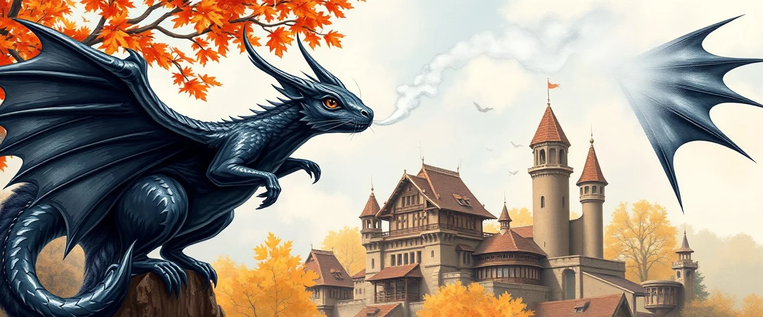 portrait of a shiny black dragon squirrel in autumn, flying above wooden castle, breathing smoke, book cover illustration, with metallic transparent wing border on left and right of frame