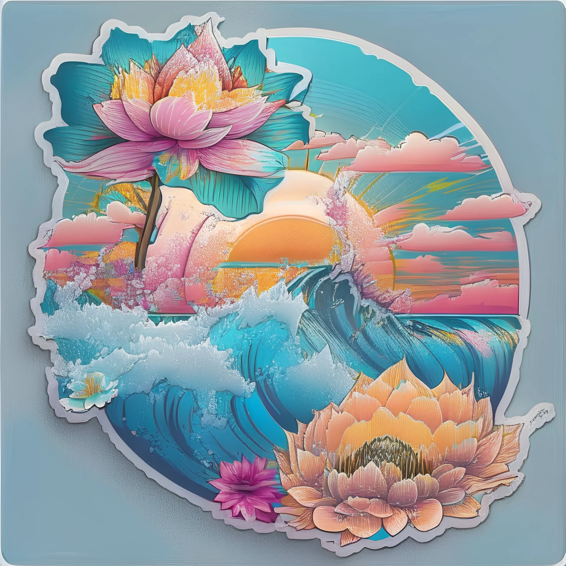 seamless sticker, artwork of surf t shirt graphic of majestic lotus flower and palm tree in digital painting style, beautiful flowers, sunrise mountains and clouds , big sea waves, water splashes, white background, colorful fantasy flower sorround, highly detailed clean, vector image, photorealistic masterpiece, professional photography, realistic, flat white background, isometric, vibrant vector, clipart, illustration, realism, 4k, , cinematic, front view, white background, seamless sticker of