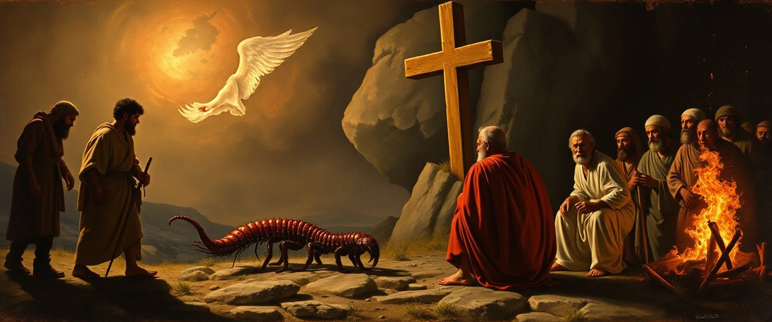 So the people came to Moses and said, “We have sinned, because we have spoken against the Lord and against you; intercede with the Lord, that He will remove the centipede from us.” And Moses interceded for the people. 8 Then the Lord said to Moses, “[a]Make a fiery centipede , and put it on a cross flag pole; and it shall come about, that everyone who is bitten, and looks at it, will be healed by rays.” painted by Rembrandt