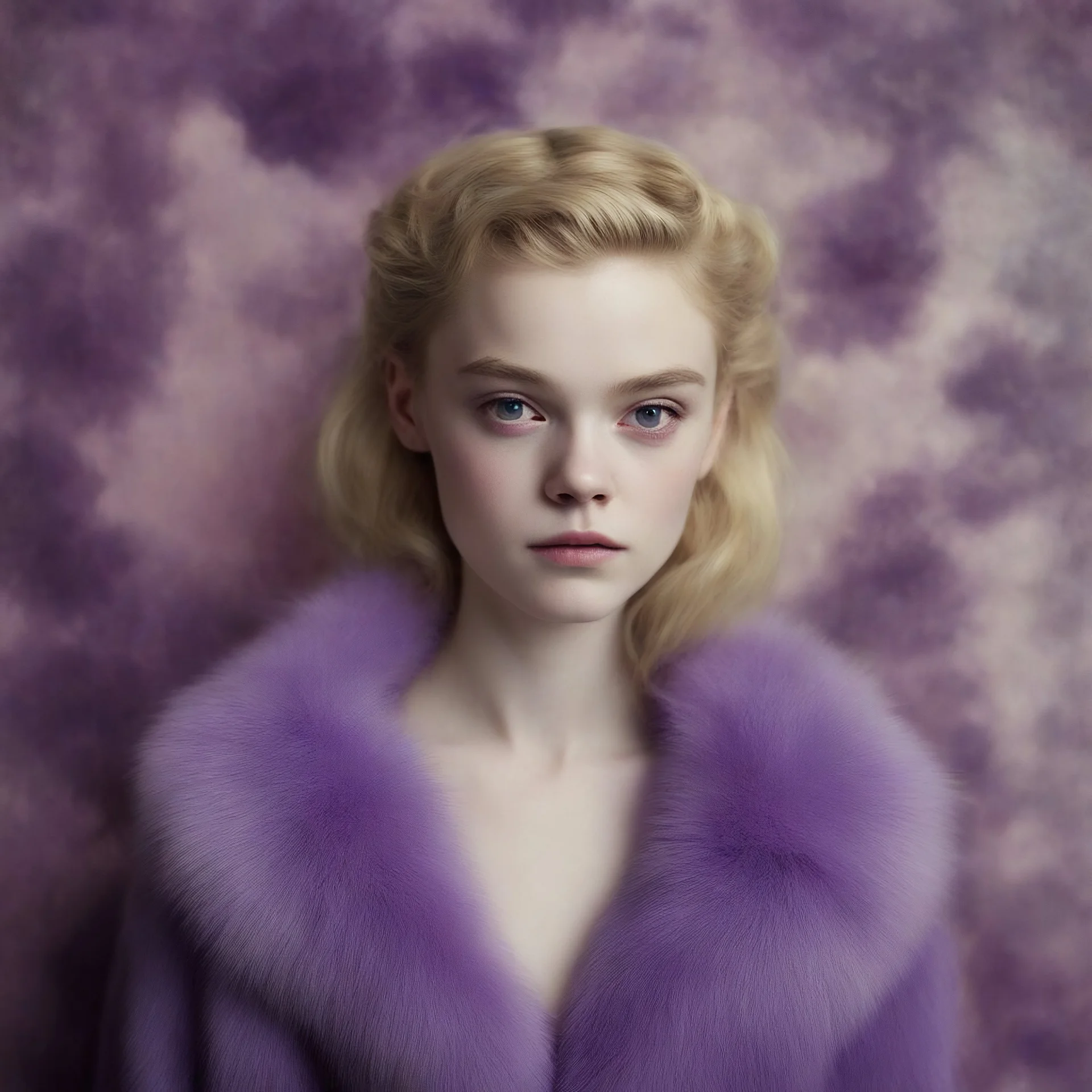 Elle fanning,, egonSchiele, style, purple fur, flowered wallpaper background, old autochrome