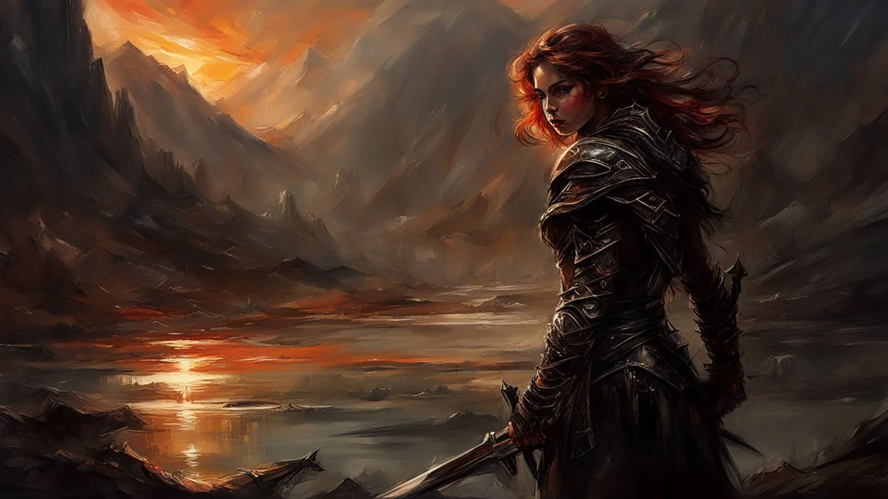 A formidable warrior girl in black armor, on the background Amazing gloomy landscape, flooded with sunset, mountains, trees, fabulous scary hero, , juicy emotions, painting, dark fantasy, gloomy day, dark world, portrait, by Anna Razumovskaya & Raymond Swanland & James Paick & Alyssa Monks