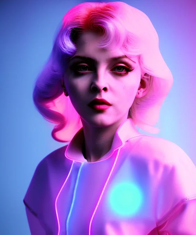 Artist, young madonna, android woman, sweet, blonde, white skin, long eyeliner, contour make-up, color leds lights, short hair, circuits, feather, ghost in the shell, latex coat, feather, cyber punk, neon, bamboo, blood, portrait, studio photo, unreal engine 5, soft color, 16 bit, god lights, ray tracing, RTX, lumen lighting, ultra deatail, volumetric lighting, 3d, finely drawn, hd.