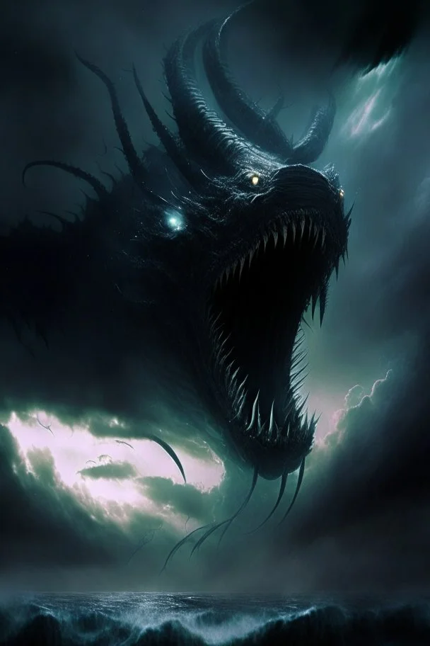 leviathan demon huge long abyssal dark seprent monster beast sky