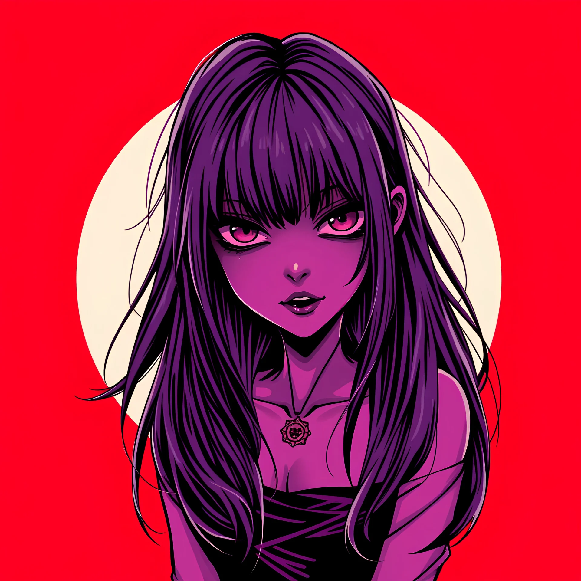 anime art style,a long wave hair girl,yandere,cute,kawaii,in purple color,gloomy,twisted,death metal logo style,twisted line,pure dark red background,bloody gore,metal art style,thin lines,wild art,brutal death metal,in close up