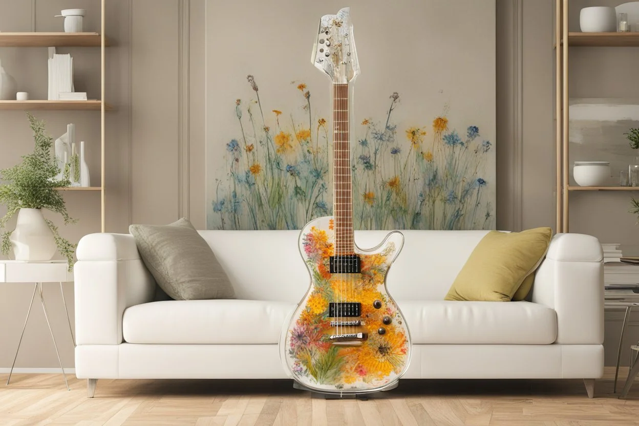 A lovely clear transparent resin guitar with wildflower design in a modern room in sunshine