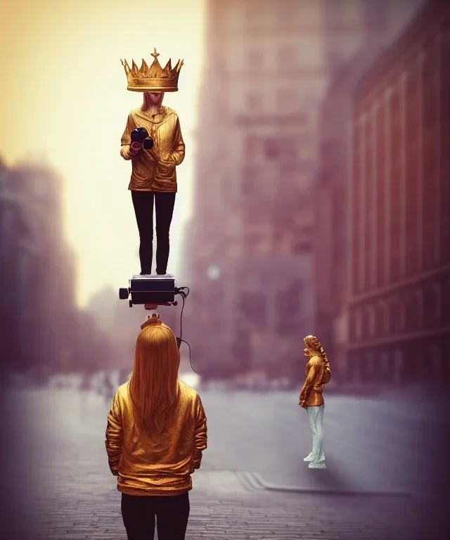 Statue of Queen of photography. Cute blonde woman. Photographer in golden crown. Standing on the street. Big camera in her hand. hyperdetailed, photorealistic, trending on artstation, greg rutkowski, beksinski, kodachrome, lomography, golden hour, bokeh, volumetric light