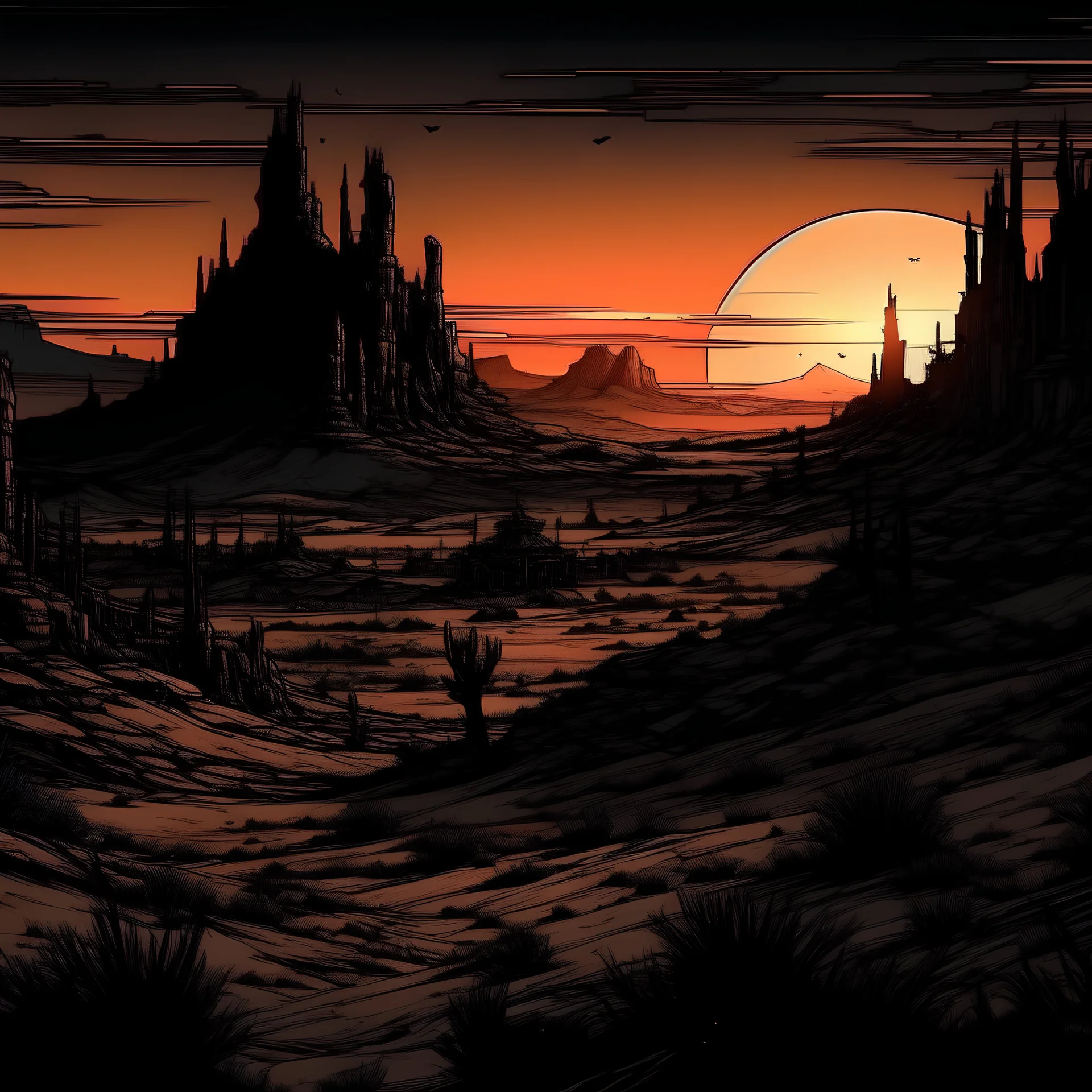 desert landscape drawn in the art style of Darkest Dungeon