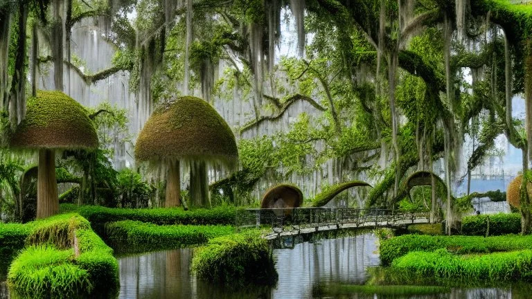 Gigantic mushroom village with balconies, archways, stairs, bridges, bushes, spanish moss, ivy, lake, a winding pathway through the middle