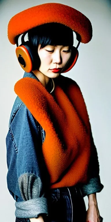 Young fleshy Japanese woman black hair. thick thigh, thick calves. Style: Haute Couture, 1990's, rough street style.Mantle is sewed of recycled Denim and sewed together of camouflage pieces.Big headphones, with gold rings, is merged with small felt cap with small visor. A bag is integrated to the mantle. Patterns are composed of orange, cream, blue, lilac and purple. blue latex somewhere. It is with big bright purple felt tippet and cream-colored-hood. mantle is merged with tippet.