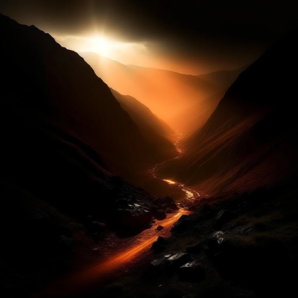 atmospheric deep orange light coming through a dark valley