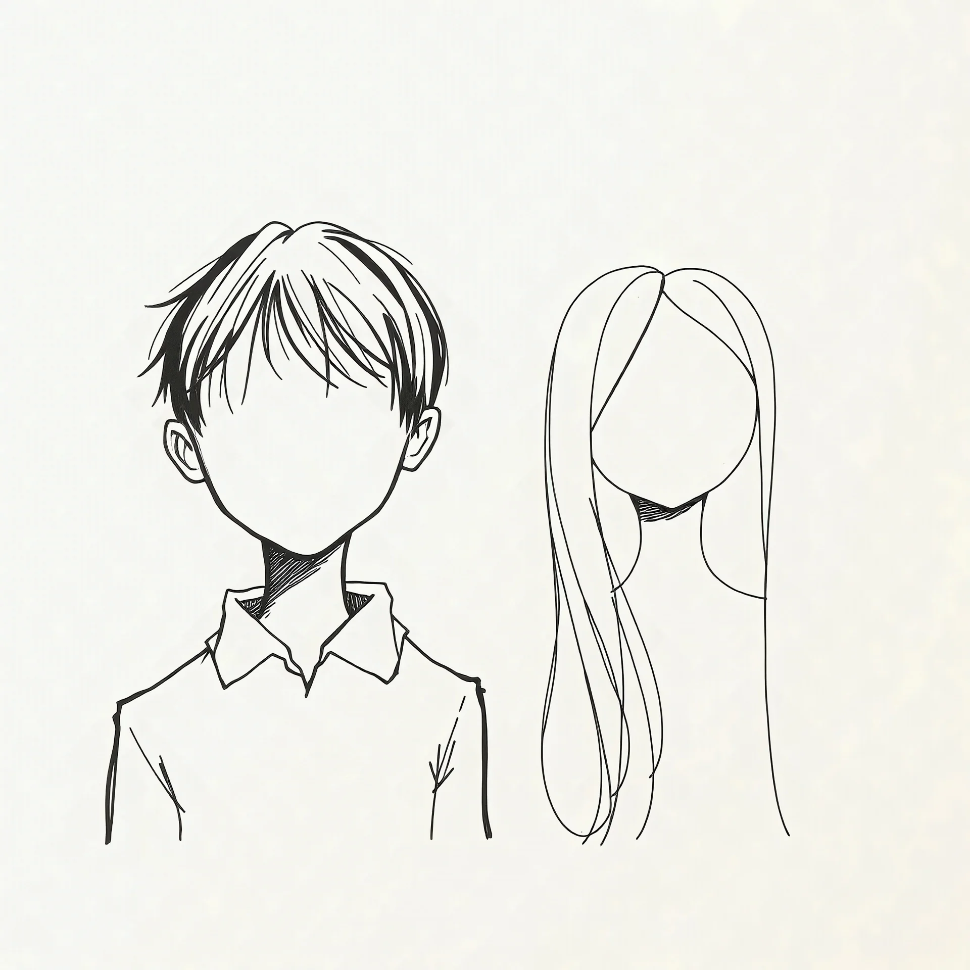minimal continuous one-line portrait of a boy with black hair, and no face and a girl with long hair parted in the middle and no face, expressive and abstract, pen on textured paper