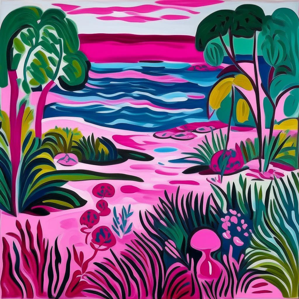 Magenta psychic wetlands near a beach designed in ancient Greek pottery painted by Henri Matisse