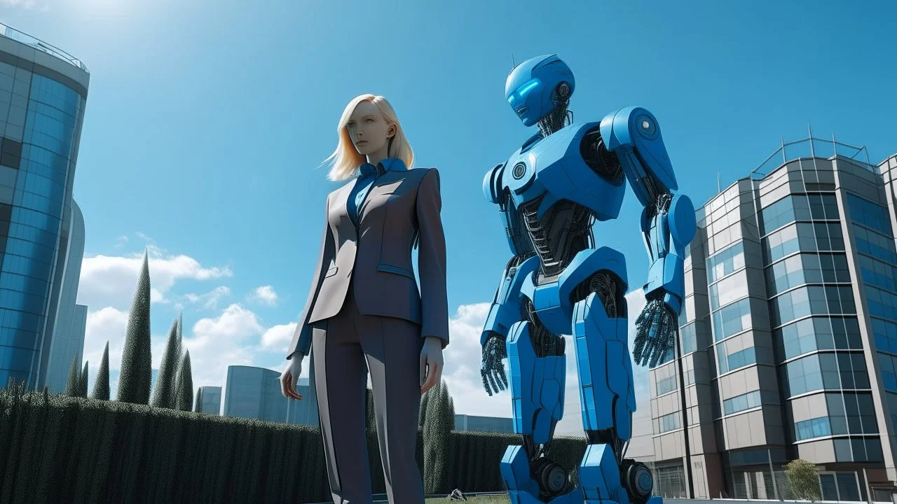 A full-body photograph of a young, slender, blond woman in a blue one-piece suit, standing in front of futuristic buildings. A robot standing beside her. Bright, sunny day.