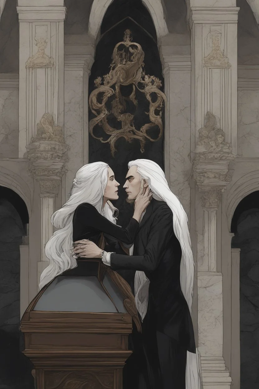 Toomb of the vampire Count Strahd Von Zarovich. Grand room, stone and marble, dark, black coffin made of polished ebony wood and brass. No windows. Strahd bracing his arm on the coffin, being kissed by a woman with long white hair.