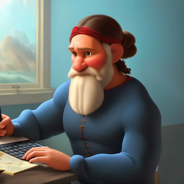 leonardo da vinci works in his study on a laptop at his desk. painting in photoshop. hyperdetailed, warm colors, movie poster, photoillustration, oil on canvas, lens flare