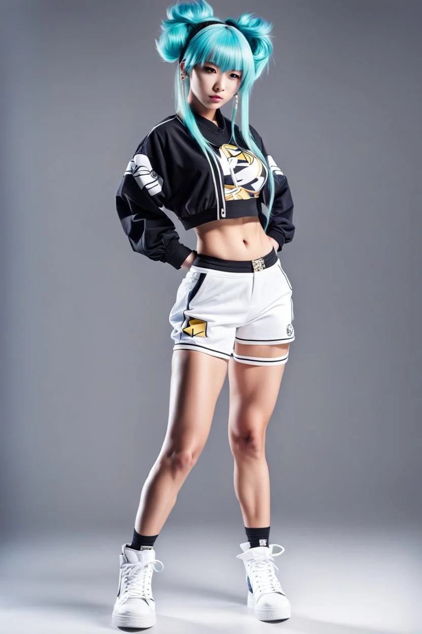 a cute full body shot of anime adult lady wearing hip hop dance clothes standing