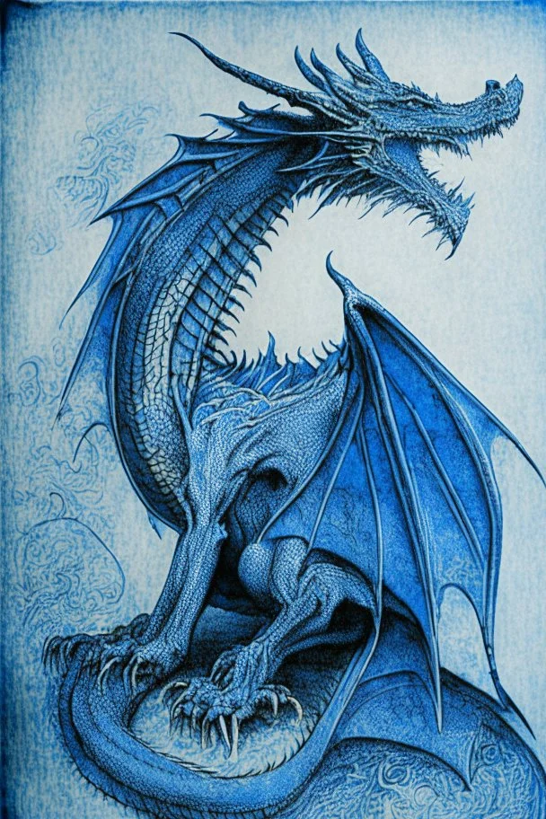 Etching of a blue dragon