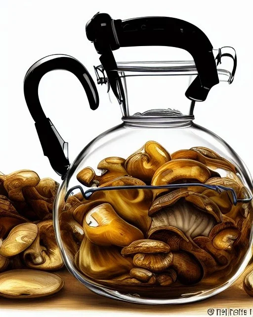 a glass jar teapot filled with mushrooms, highly detailed, digital art, sharp focus, trending on art station, illustration
