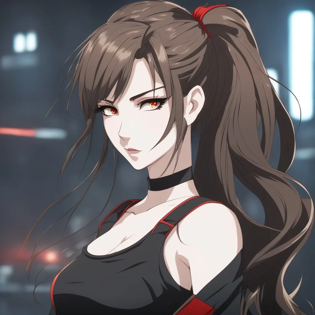 A portrait headshot of a confident looking young woman with pale skin, red eyes, and long brown hair pulled into a ponytail in a dark modern setting with intricate details. She is wearing black and red casual clothes, an air of malevolent power surrounds her. Anime style. High definition.