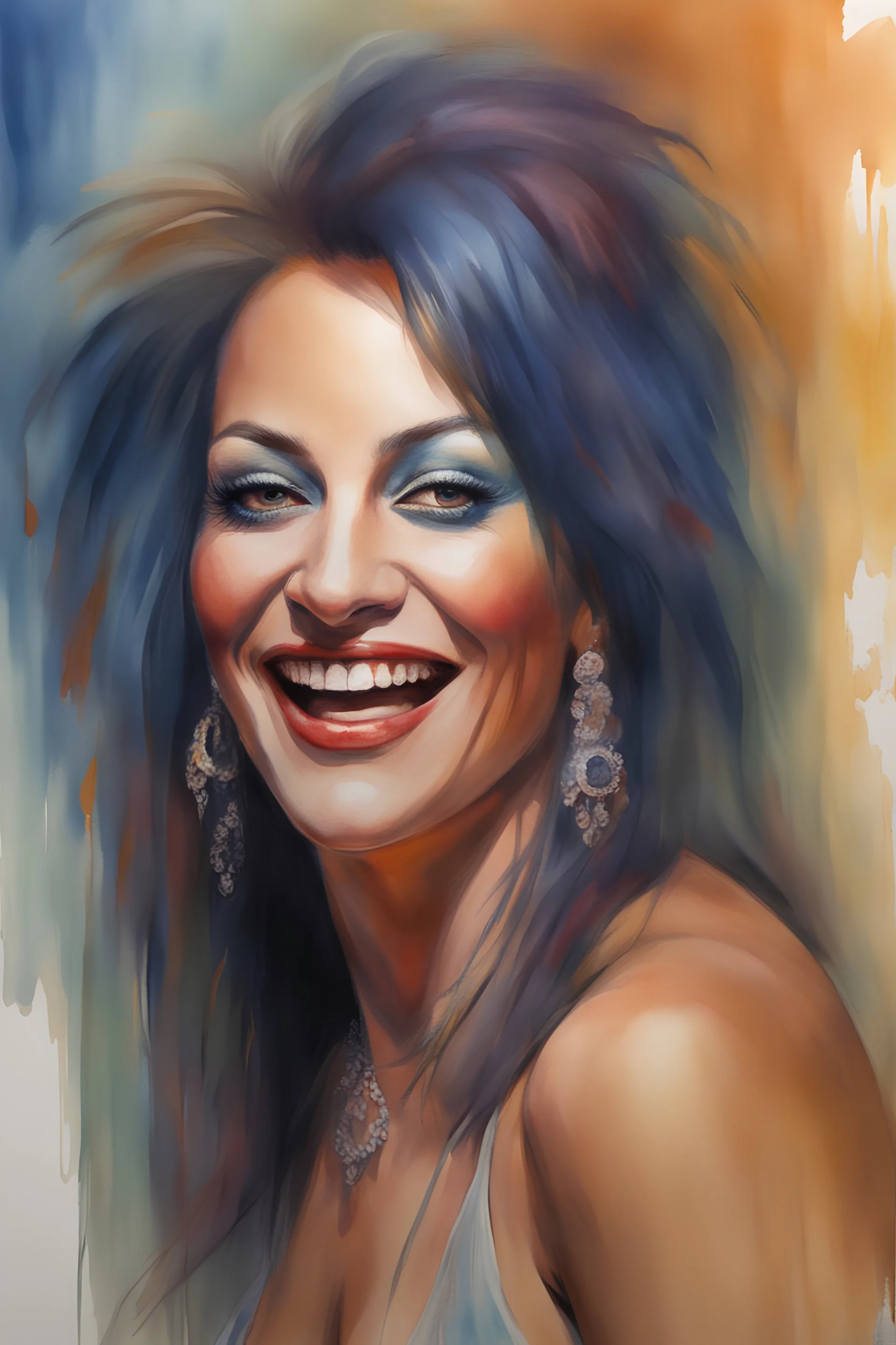 head and shoulders portrait, Miss Motley Crue - well-shaped, perfect figure, perfect face, laughing, a multicolored, watercolor stained, wall in the background, oil painting in the art style of Frank Frazetta, 4k, 8k, 32k UHD, Hyper realistic, extremely colorful, vibrant, photorealistic, realistic, sharp, highly detailed, professional quality, beautiful, awesome, majestic, superb, trending on artstation, pleasing, lovely, Cinematic, gorgeous, Real, Life like, Highly detailed,