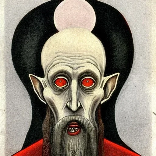 Nosferatu with four yellow eyes with fleshy tentacle beard grey skin and vampire fangs as a Russian Orthodox bishop