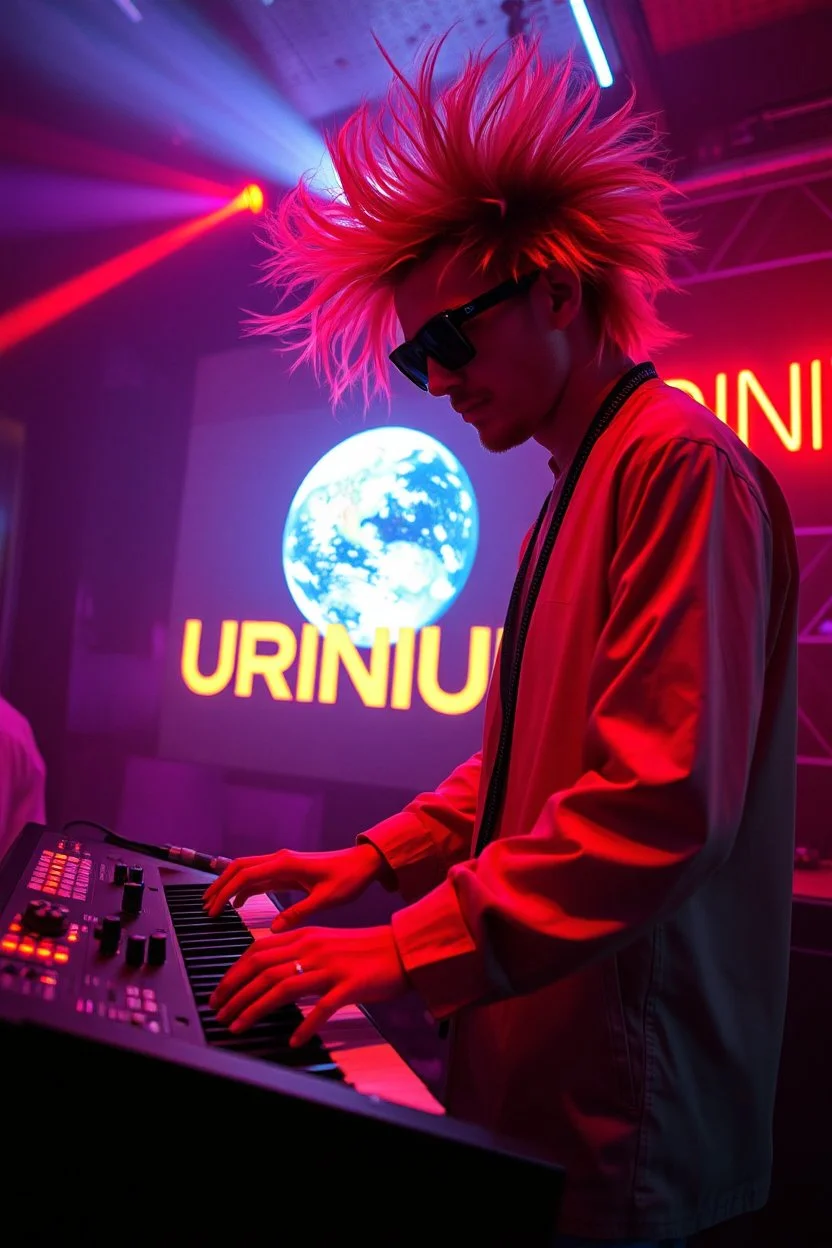 French cool synth player with crazy techno acid hair, he is called "Jean-Maurice Brûlée" performing at dance club, his name is "Jean-Maurice Brûlée" , white and orange Neon lights and oraNGE smog, and "URINIUM" big sign on the wall, he is playing on synthesizers on stage with lot of laser beams and wearing black sunglasses, an earth is projected in background