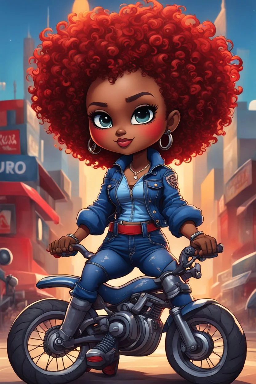 abstract art illustration of the chibi cartoon character, a voluptuous black female in a blue jean outfit with biker boots. Her prominent makeup and hazel eyes, along with her detailed red curly tight afro, are featured in this image, set against the background of a lively bike show.