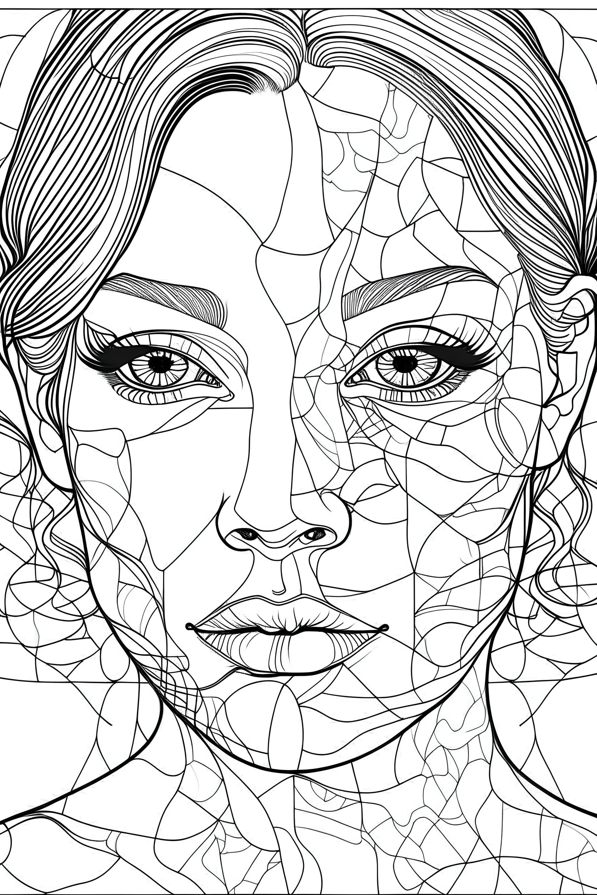 Outline art for coloring page, WOMAN'S FACE IN A PUZZLE, coloring page, white background, Sketch style, only use outline, clean line art, white background, no shadows, no shading, no color, clear